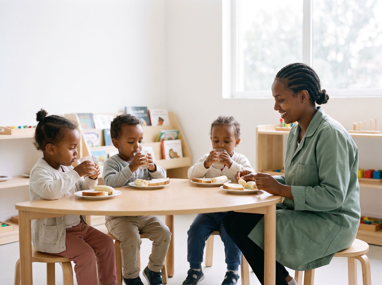 Toddlers feed themselves at a low table while their caregiver eats with them