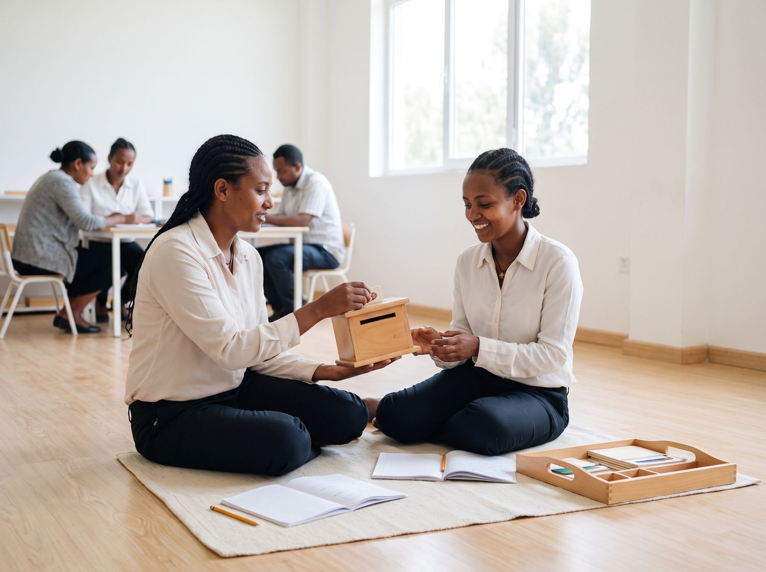 Two trainees practise presenting a wooden material on a mat